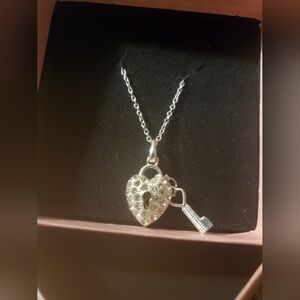 Necklace Heart Lock Key Faux Diamond Pendant Adjustable Chain In Silvertone